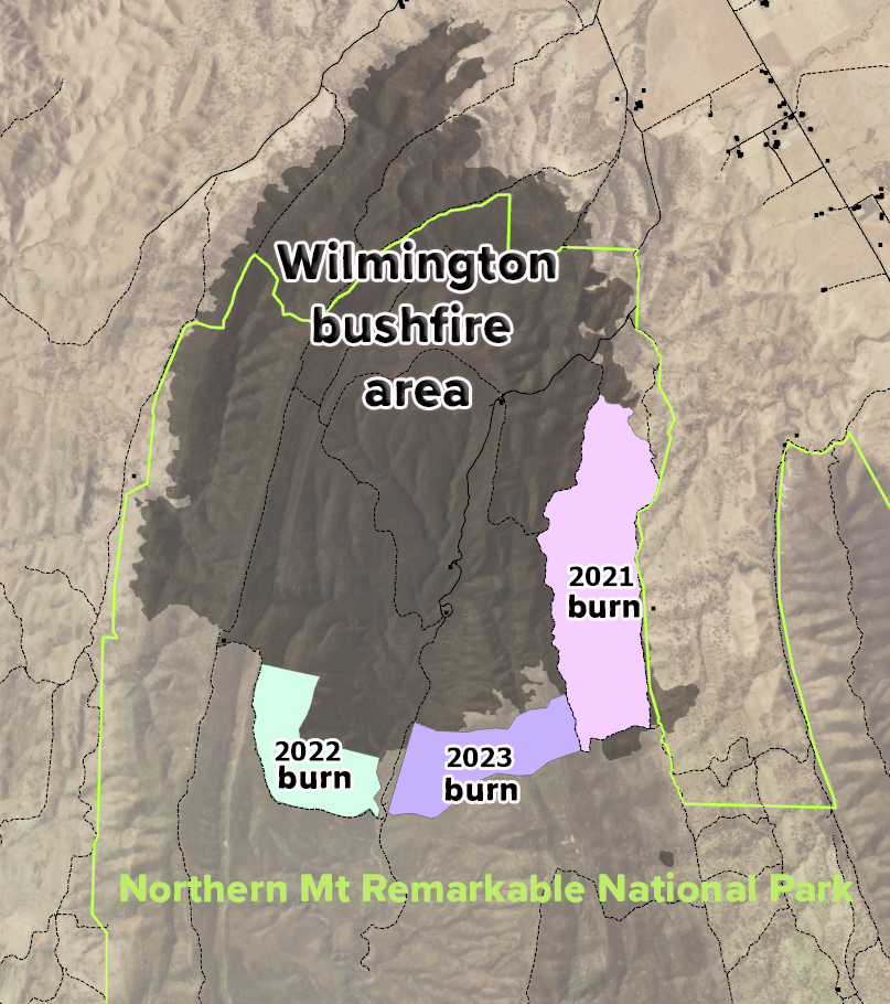 A map showing the Wilmington bushfire area and the prescribed burns that helped get it under control.