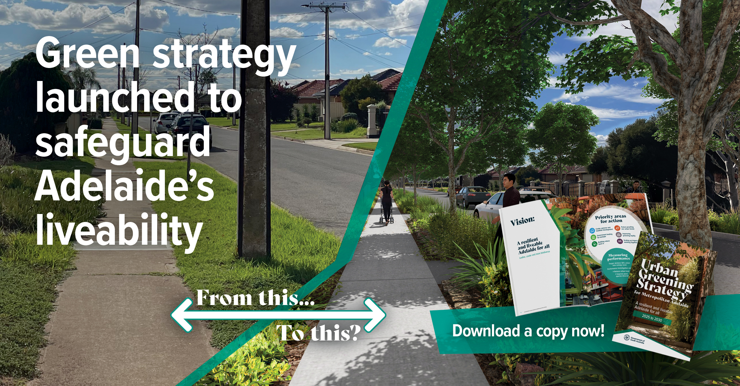 Image of a plain path alongside a verge with thriving plant diversity with overlay text 'Green strategy launched to safeguard Adelaide's liveability'