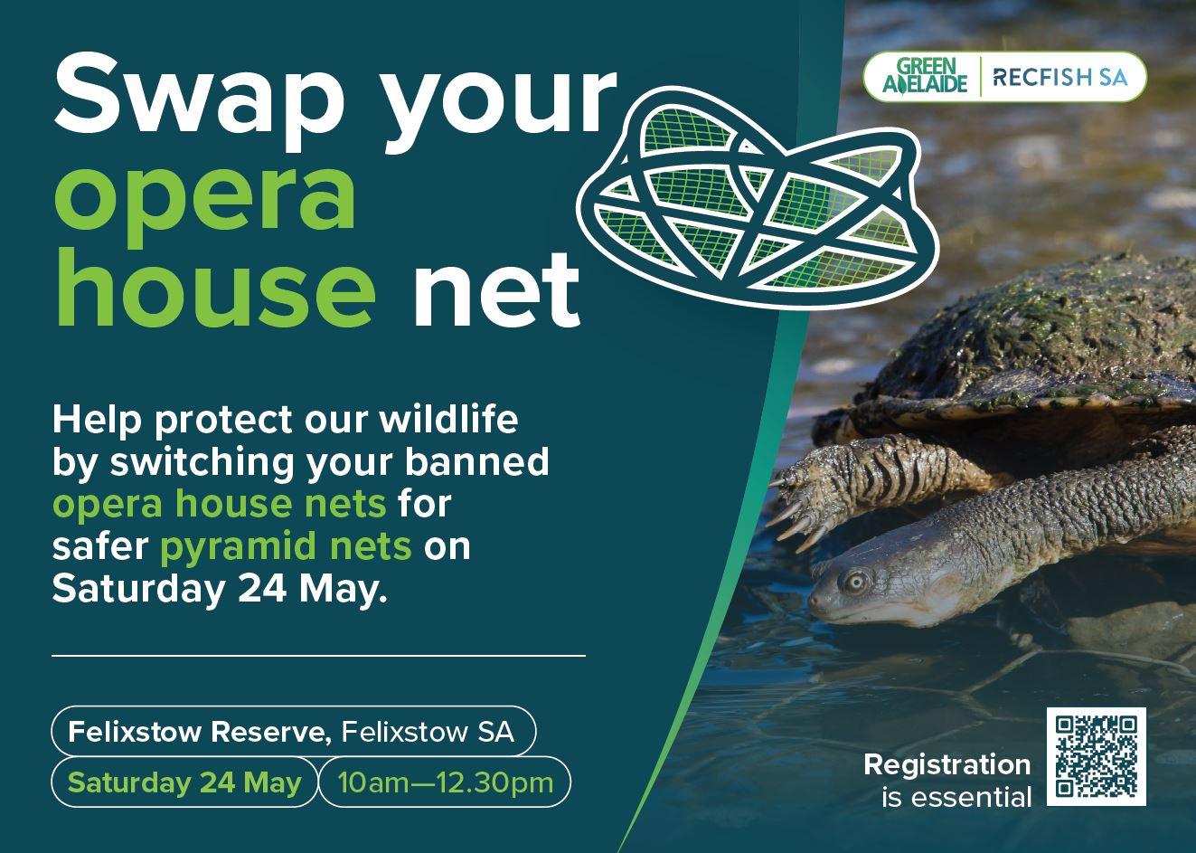 Image of a turtle with overlay text 'Swap your opera house net'