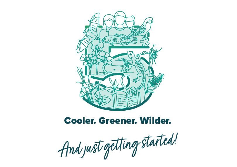 5 year of Green Adelaide demonstrated through a graphic with icons like people, a bat, lizard, strategy doc, butterfly and plants all in the number 5.