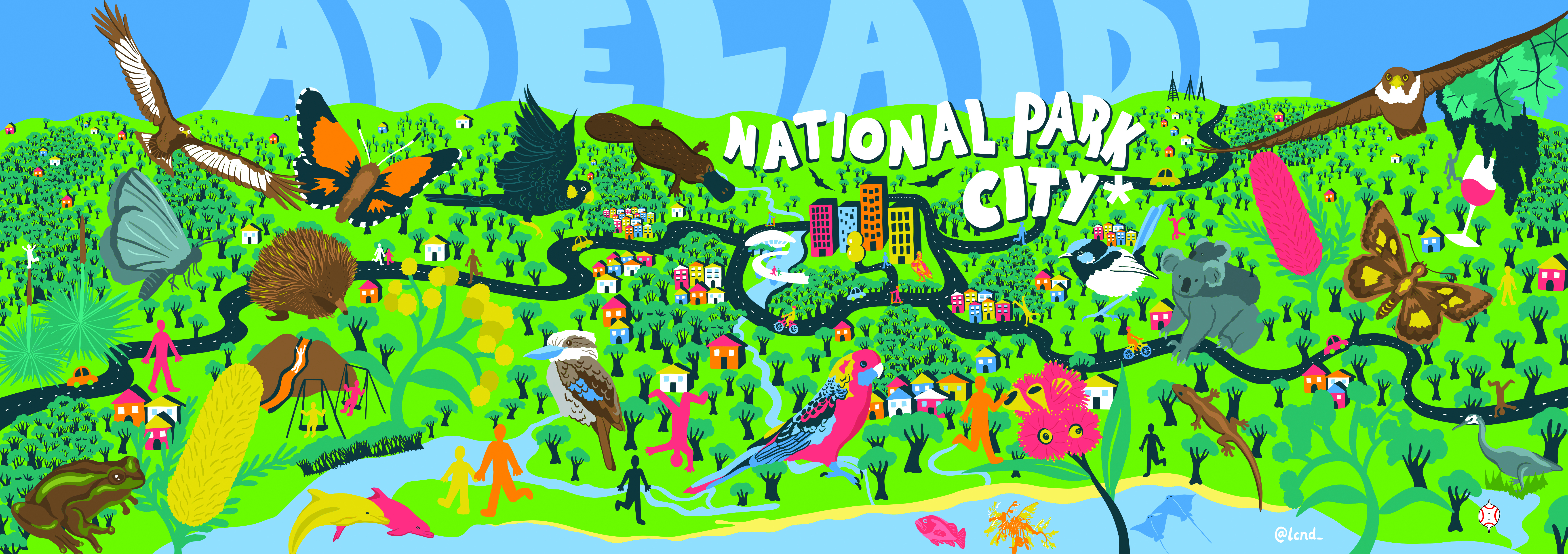 Artwork featuring a range of key Adelaidean species and plants, with overlay text ' Adelaide National Park City'