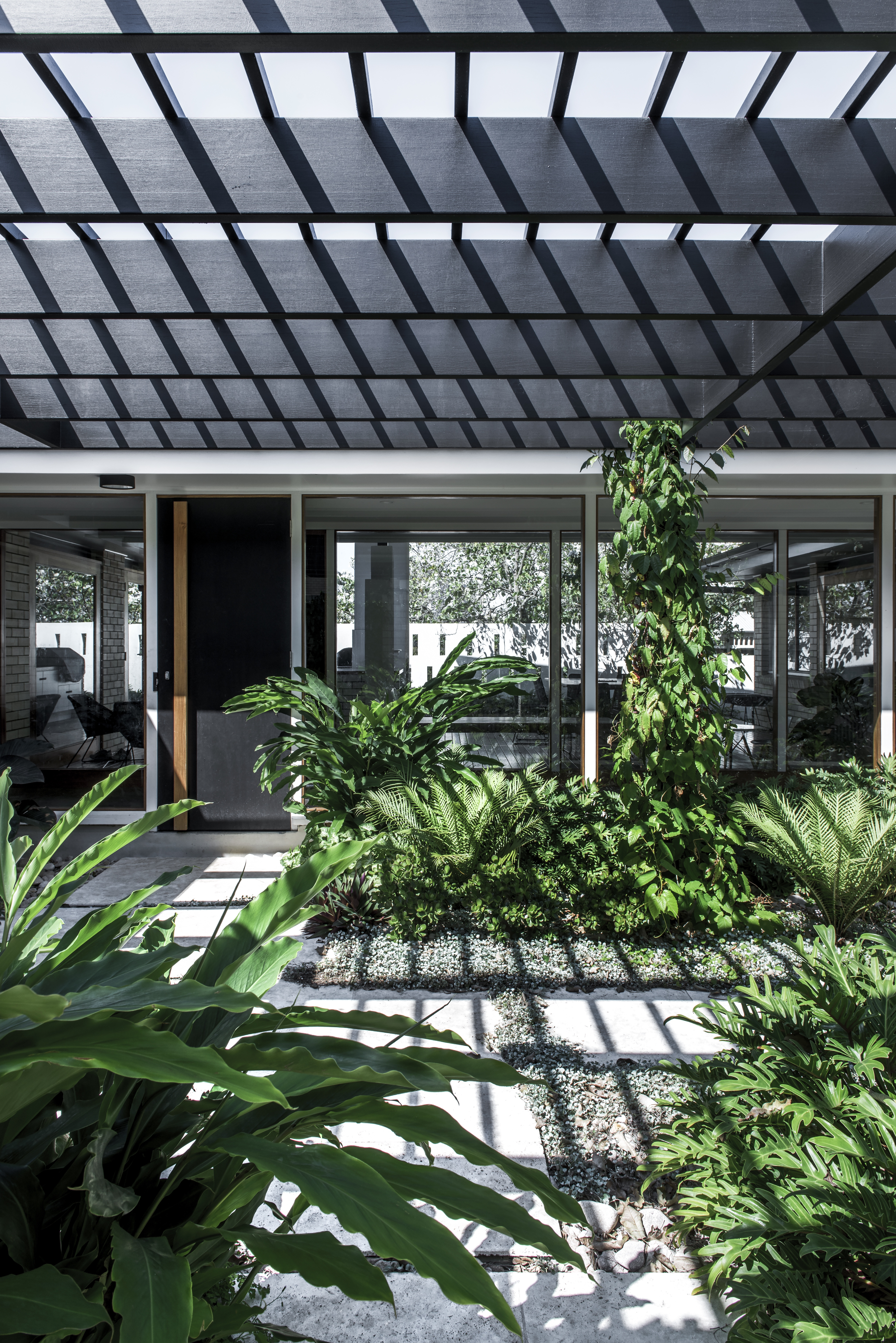 Shade garden using plants in front of windows to help keep the home cool, Bungalow Garden Rooms, Dan Young Landscape Architect with Myers Ellyett, ©Cathy Schusler