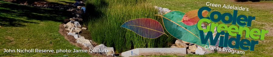 Cooler, Greener, Wilder logo over the top of image of a wetland at John Nicholl Reserve