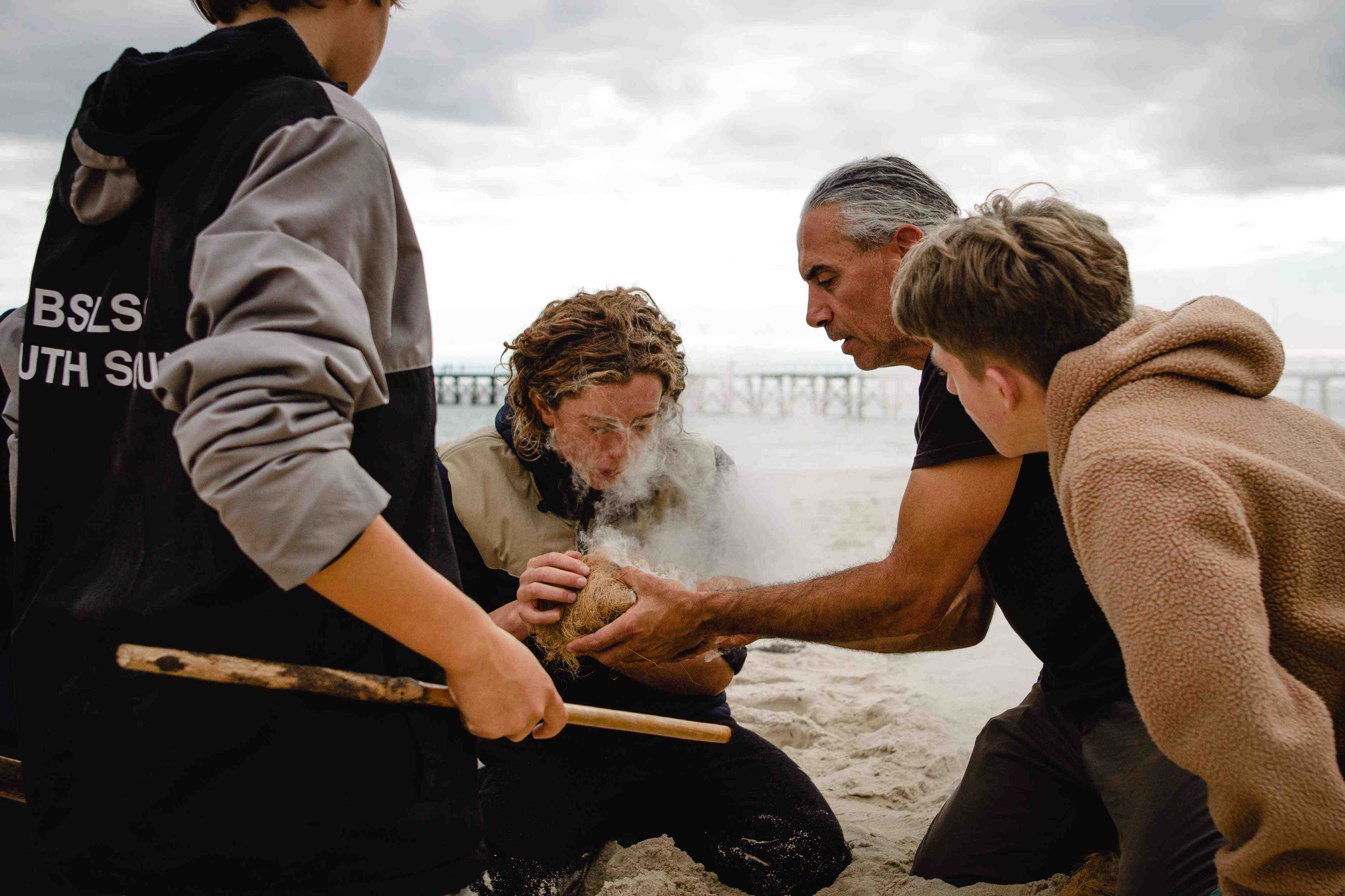 Burka-Senior Man Karl Winda Telfer sharing fire ceremony with Youth Coastal Ambassadors