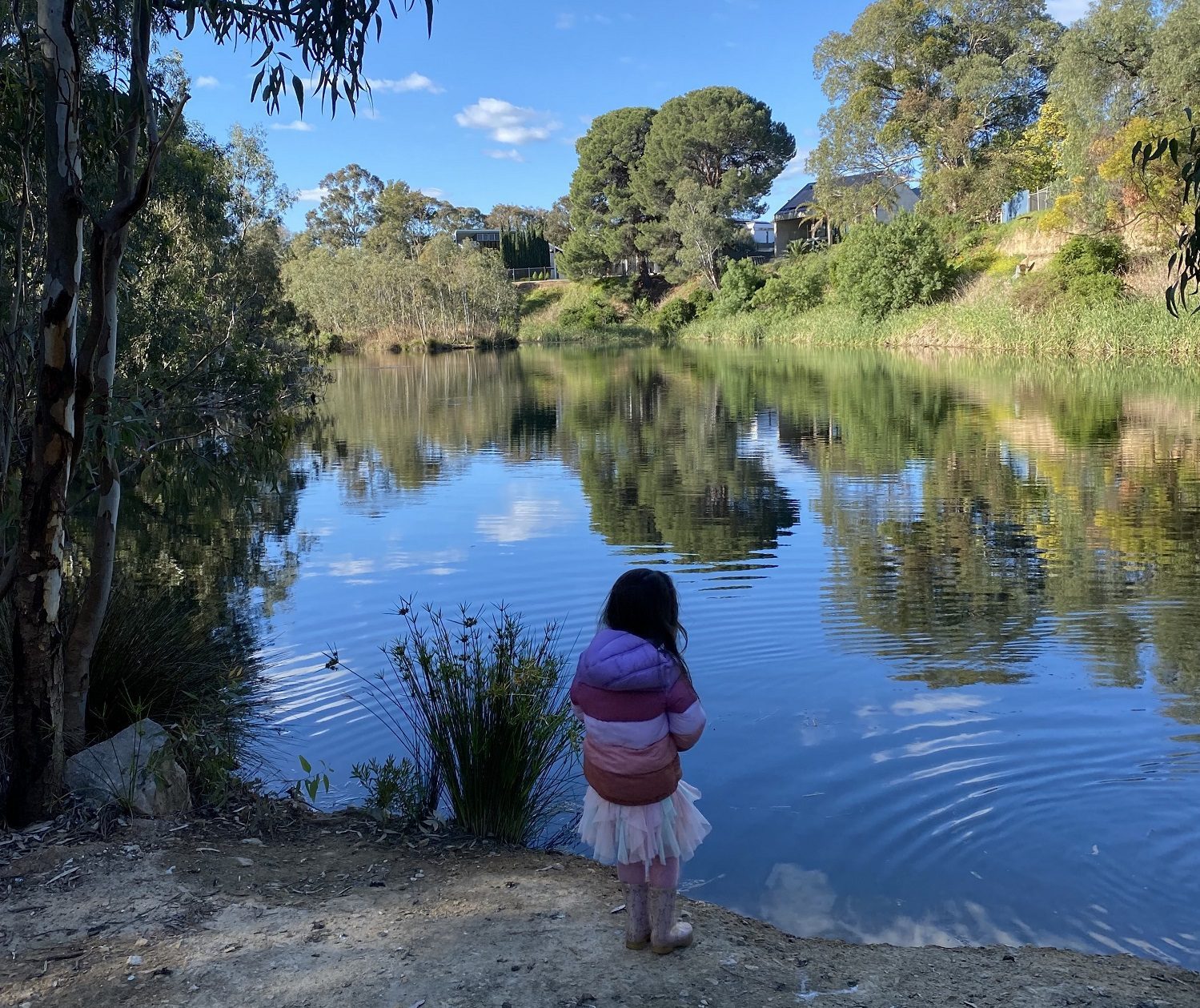 Child standing next to a waterway in Adelaide with clouds reflected onto it.