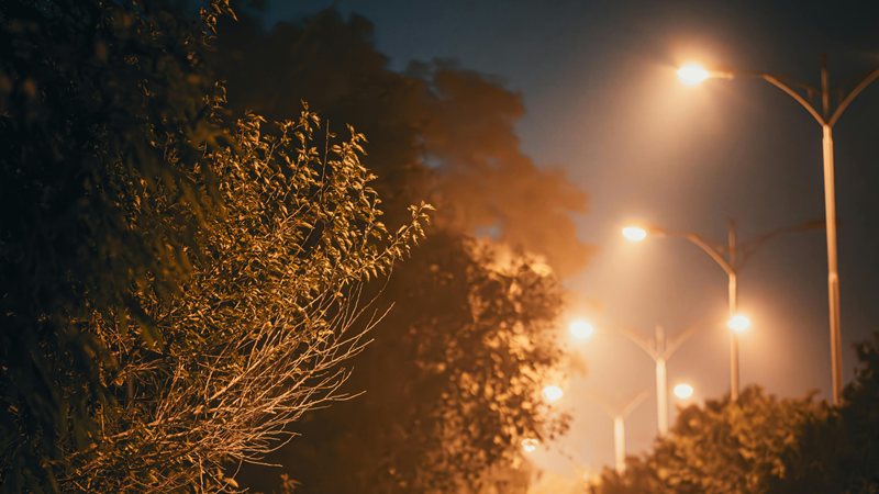 Street lights brightening the night sky.