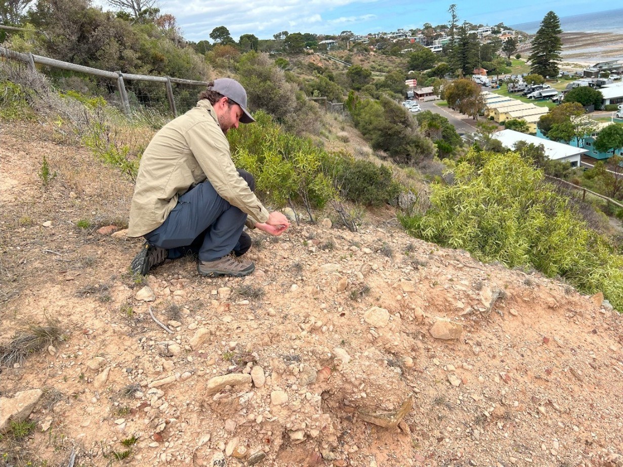 A man crouches on a coastal cliff, his hands out ready to plant a seed