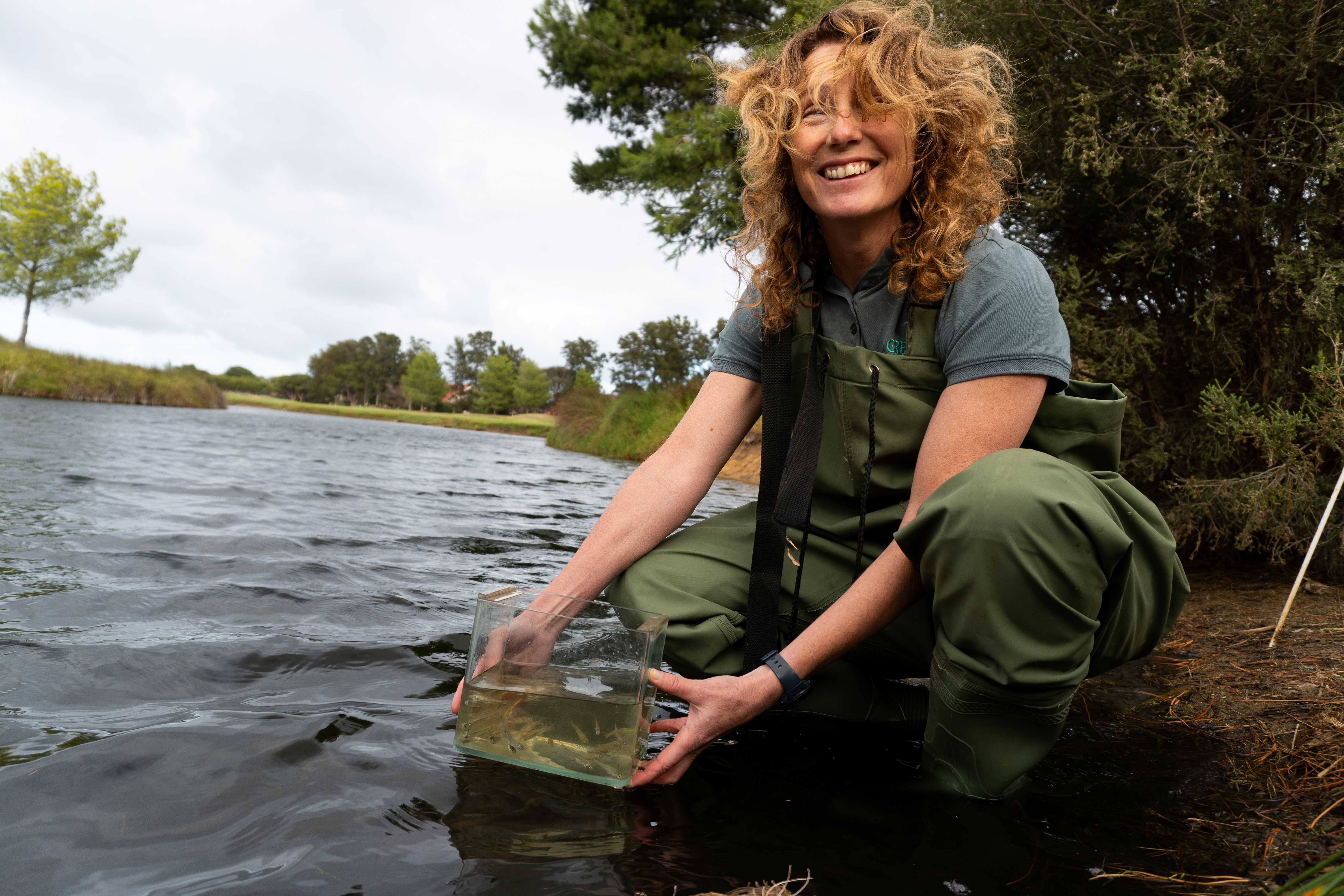 A woman holds a small container of little fish, while wearing waders and kneeling in a waterway