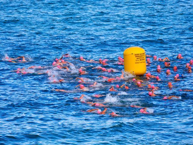 Lindy Lawson in a group of swimmers at the SA Open Water Championships