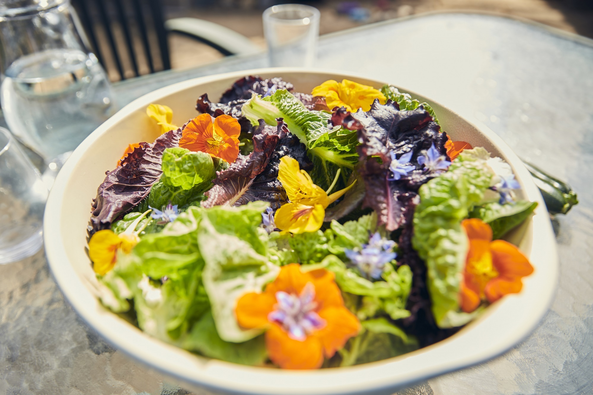 leafy green salad with edible flowers